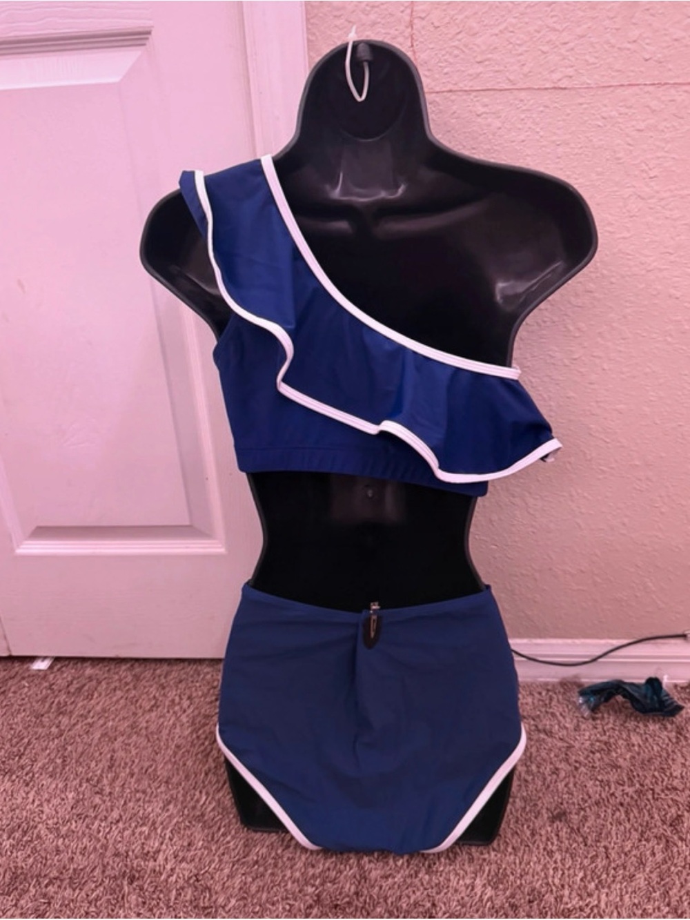 Navy One-Shoulder Ruffle High-Waist Bikini - Picture 2 of 4